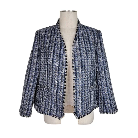 Ann Taylor Factory Tweed Skirt Suit 12 Black Tan Fringe Trim Pockets Open Front - Picture 2 of 11